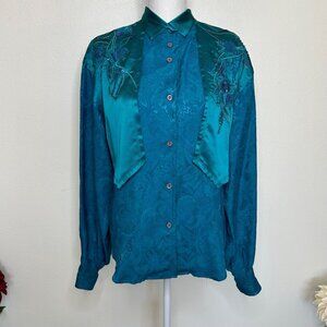 Vintage Marc D’Alcy  Western Beaded Sequin Teal Button Front Shirt-Size 8